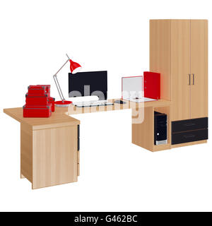 Office furniture elements and whole computer. 3d graphic Stock Photo