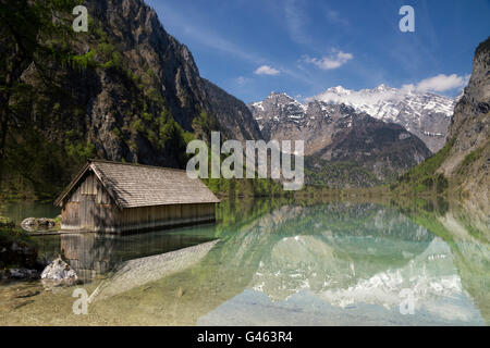 Boathouse in Lake Obersee near Berchtesgaden in the German Alps Stock Photo