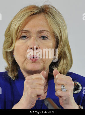 U.S. Secretary of State Hillary Clinton speaks during a news conference after the Libya Conference at the Foreign & Commonwealth Office in London.