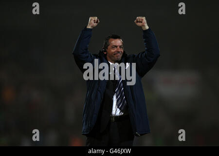 Preston North End's manager Phil Brown celebrates at the end of the match Stock Photo