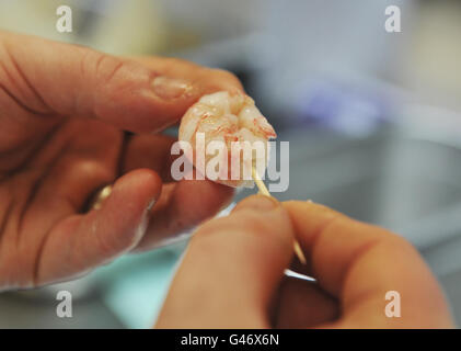 Sous chef Mark Stewart, prepares a Langoustine, in the kitchens at Buckingham Palace, London, food akin to that which is usually served at receptions held at the palace. Stock Photo