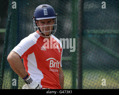 England captain Andrew Strauss during the nets session at the R. Premadasa Stadium in Colombo, Sri Lanka. Stock Photo