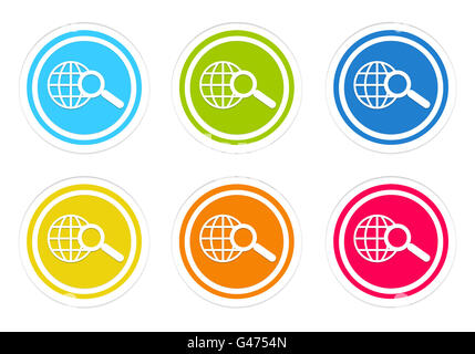 Set of rounded colorful icons with search symbol in blue, green, yellow ...