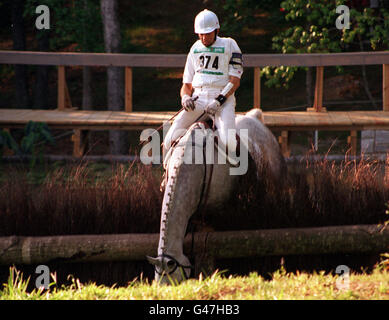 British rider Ian Stark riding Stanwick Ghost falls at the 11th fence, during the croos country section of the three day event at the Georgia International Horse Park at Atlanta today. Photo By Rebecca Naden/PA Stock Photo