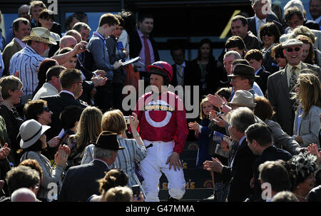 Former jockey Charlie Swann arrives to ride in the John Smith's Aintree Legends Charity Race during Grand National Day at Aintree Racecourse, Liverpool. Stock Photo