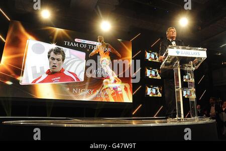 Rotherham United's Nicky Law is announced as part of the PFA Players team of the Year by Sky Sports Presenter George Gavin at the PFA Player of the Year Awards 2011 at the Grosvenor House Hotel Stock Photo