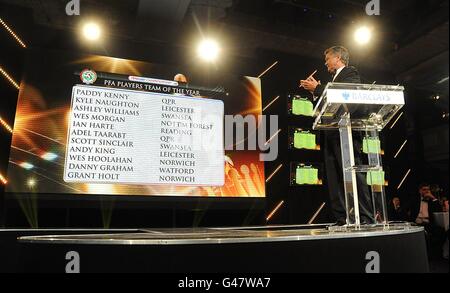 The PFA Players team of the Year for npower Championship is announced by Sky Sports Presenter George Gavin at the PFA Player of the Year Awards 2011 at the Grosvenor House Hotel Stock Photo