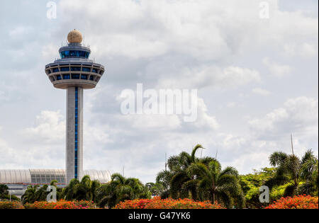 Singapore Changi International Airport Traffic Controller Tower with copy space. The airport tower is one of the most icons. Stock Photo