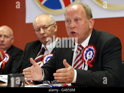 Jim Allister,TUV leader, speaking at the official launch of the Traditional Unionist Voice (TUV) election campaign and manifesto at his office in Holywood Road, Belfast. Stock Photo