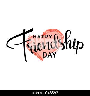 Happy friendship day. Handwritten lettering. Modern Calligraphy. Vector lettering with heart brush texture on white background. Stock Vector