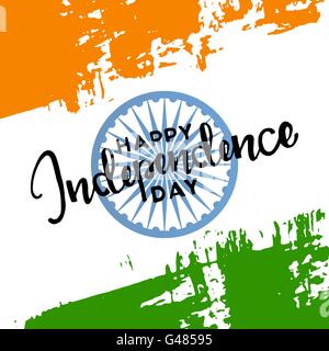 Happy Independence Day India. 15th of august. Handwritten lettering. Modern Calligraphy. Vector lettering over abstract indian f Stock Vector