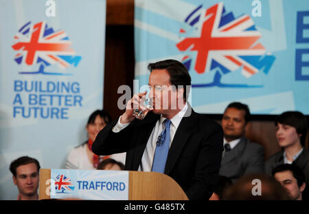 Prime Minister David Cameron delivers a speech at the Waterside Plaza in Manchester. Stock Photo