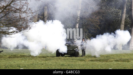 Ceremonial guns are fired as Prince Albert of Monaco II and his fiancee Charlene Wittstock begin a two-day State visit at Aras an Uachtarain. Stock Photo