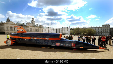 A scale mock model of the Bloodhound SSC (supersonic car) that will attempt to break the World land speed record, parked in Horse Guards Parade in Westminster, central London. Stock Photo