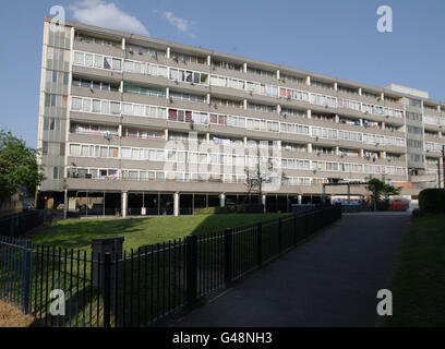 General view of the Missenden block on the Aylesbury Estate in Walworth, South East London, where a 14-year-old boy has fallen to his death from the sixth floor of the tower block after opening his bedroom window to look out. Stock Photo