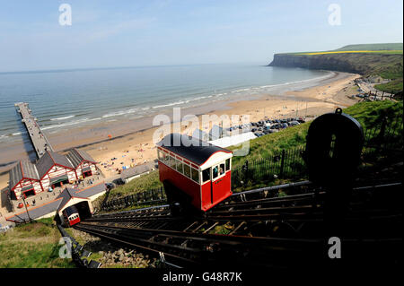 The newly refurbished water-powered cliff lift at Saltburn-by-the-Sea in Cleveland which has just reopened to the public after a 30,000 refit. Stock Photo