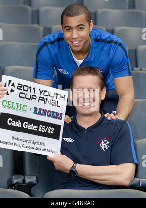 SPECIAL PICTURE - RELEASED EXCLUSIVELY THROUGH THE PRESS ASSOCIATION FOR USE BY NATIONAL AND REGIONAL NEWSPAPERS - UK & IRELAND ONLY. NO SALES. Rangers' Under 19s Manager Billy Kirkwood and Kane Hemmings promotes the SFA Youth Cup Final against Celtic on the 27th April 2011, during a photocall at Hampden Park, Glasgow. Picture date: Monday April 25, 2011. Photo credit should read: Aileen Wilson/Rangers FC/PA. FOR MORE RANGERS PICTURES OR LICENSING OF THESE IMAGES FOR OTHER USE - PLEASE CONTACT EMPICS - 0115 844 7447 OR info@empics.com Stock Photo