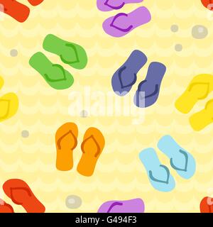 Seamless pattern with rainbow flip flops on a sand. Stock Vector