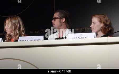 (Left to right) Producer Dede Gardner, Brad Pitt and co-star Jessica Chastain at a press conference for Tree of Life at the Cannes Film Festival, France. Stock Photo