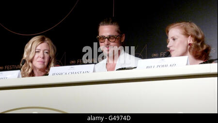 (Left to right) Producer Dede Gardner, Brad Pitt and co-star Jessica Chastain at a press conference for Tree of Life at the Cannes Film Festival, France. Stock Photo