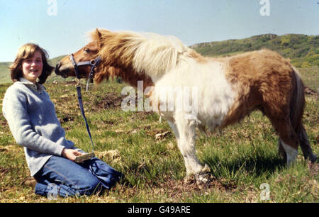Family album picture of Lady Diana Spencer with Souffle, a Shetland pony, at her mother's home in Scotland during the summer of 1974. Stock Photo