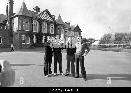 Severiano 'Seve' Ballesteros (second left) celebrates with his brothers after victory in the British Open Golf Championship. (l-r) Baldomero, Severiano, Manuel and Vicente Stock Photo