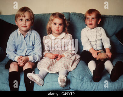 PA NEWS PHOTO 23/4/86 THREE OF THE CHILDREN WHO WILL ATTEND THE BRIDE SARAH FERGUSON WHEN SHE MARRIES PRINCE ANDREW IN WESTMINSTER ABBEY, LONDON ON 23/7/86. (FROM LEFT TO RIGHT) SEAMUS MAKIN FIVE YEAR OLD NEPHEW OF THE BRIDE, SARAH FERGUSON'S HALF SISTER ALICE AND HALF BROTHER ANDREW FERGUSON. Stock Photo