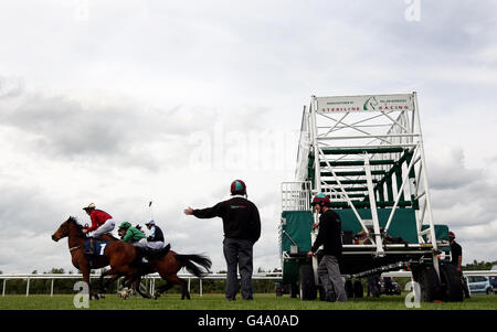 Best Terms ridden by Richard Hughes leads the field out the stalls for the Scope Charity Fillies' Conditions Stakes during the Scope Charity Race Day at Newbury Raceourse. Stock Photo