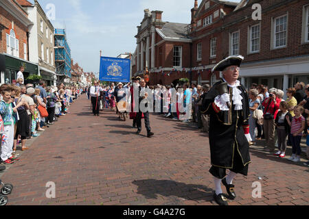 Town crier in procession to celebrate the Diamond Jubilee of Queen Elizabeth, Chichester, West Sussex, England, United Kingdom Stock Photo
