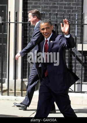 US President Barack Obama and Britain's Prime Minister David Cameron leave 10 Downing Street. Stock Photo