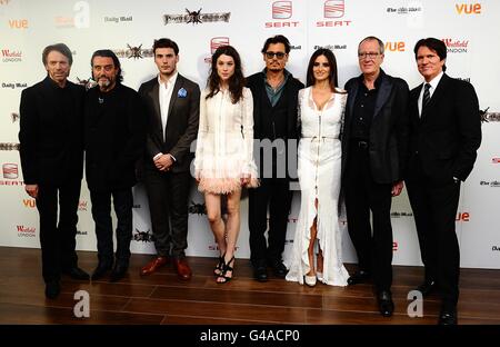 (left to right) Jerry Bruckheimer, Ian McShane, Sam Claflin, Astrid Berges-Frisbey, Johnny Depp, Penelope Cruz, Geoffrey Rush and Rob Marshall arriving for the UK film premiere of Pirates of the Caribbean: On Stranger Tides, at the Vue Westfield, London. Stock Photo