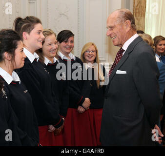 The Duke of Edinburgh meets students from St Dominic's College in Dublin at a reception for members of Gaisce the President's Award at Farmleigh House. Stock Photo