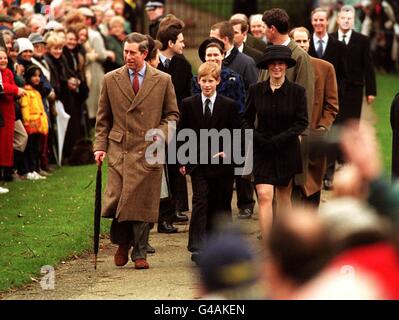 Prince Charles leads the with son Prince Harry and Zara Phillips as the Royals attend St. Mary Magdelene church on the Queen's Sandringham Estate in Norfolk today (Thursday) after attending morning service on their first Christmas Day since their mother, Diana, Princess of Wales died. See PA story ROYAL Christmas. WPA Rota picture by John Stillwell/PA Stock Photo