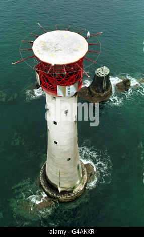 Eddystone Lighthouse off Plymouth (the stump alongside the lighthouse is the old lighthouse 'Smeaton's Tower' that was re-erected on Plymouth). Photo Barry Batchelor/PA. Stock Photo