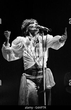 Pop superstar Rod Stewart in full voice when more than 8000 fervent fans packed Olympia for the former gravedigger's first London concert since he split with The Faces. Stock Photo