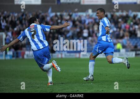 Soccer - npower Football League One - Play Off Semi Final - Second Leg - Huddersfield Town v AFC Bournemouth - The Galpharm S.... Huddersfield Town's Lee Peltier (right) celebrates scoring their first goal of the game with team-mate Gary Roberts Stock Photo