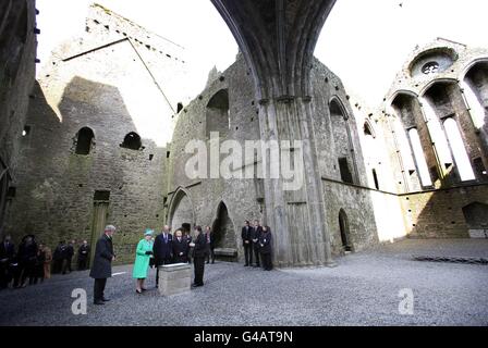 Queen Elizabeth II and the Duke of Edinburgh in the nave of the Cathedral at St Patrick's Rock Cashel, Co.Tipperary, during the State Visit to Ireland. Stock Photo