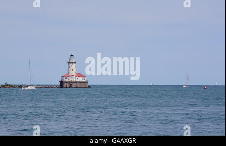 The Chicago Harbor Lighthouse off Navy Pier, constructed for the Columbian Exposition in 1893 and moved to it's current location in 1919 Stock Photo