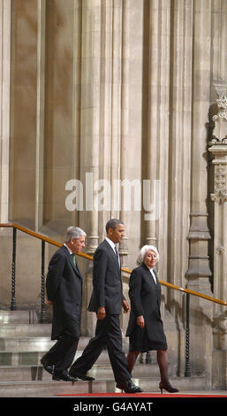 US President Barack Obama (centre) arrives with speaker of the House of Lords Baroness Hayman and speaker of the House of Commons John Bercow, to deliver a keynote speech to both Houses of Parliament in the historic Westminster Hall, previously accorded only to a handful of eminent figures like Nelson Mandela, Charles de Gaulle and the Pope. Stock Photo