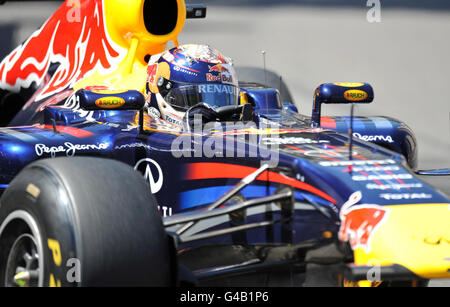 Germany's Sebastian Vettel on his way to victory in a Red Bull during the Monaco Grand Prix at the Circuit de Monaco, Monte Carlo. Stock Photo