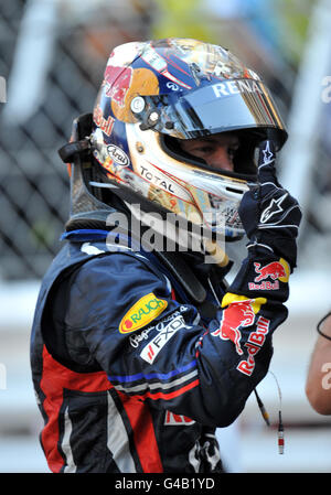 Germany's Sebastian Vettel of Red Bull celebrates his victory during the Monaco Grand Prix at the Circuit de Monaco, Monte Carlo. Stock Photo