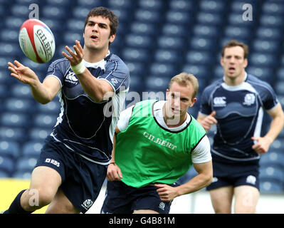 Scotland sevens' Stuart McInally (left) during the International 7s Captains Run at Murrayfield Stadium, Edinburgh. Stock Photo