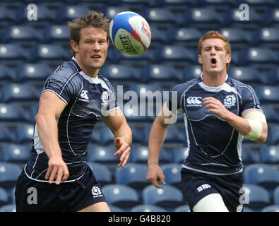 Scotland sevens' Peter Horne (left) during the International 7s Captains Run at Murrayfield Stadium, Edinburgh. Stock Photo