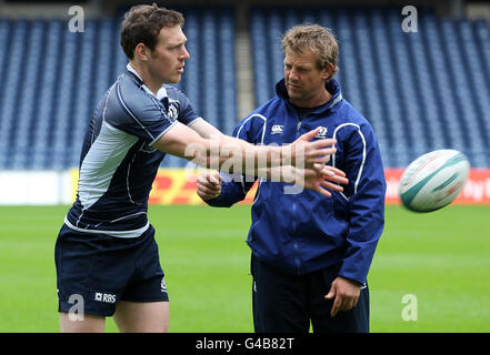 Scotland sevens coach Graham Shiel with captain Scott Riddell (left) during the International 7s Captains Run at Murrayfield Stadium, Edinburgh. Stock Photo