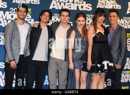 The cast of television series Teen Wolf (from left to right) Tyler Hoechlin, Tyler Posey, Dylan O'Brien, Holland Roden, Crystal Reed and Colton Haynes at the MTV Movie Awards 2011 at the Gibson Amphitheatre in Universal City, Los Angeles. Stock Photo