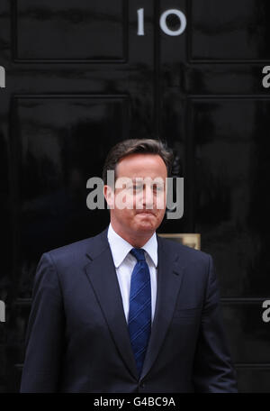 Prime Minister David Cameron meets Romanian President Traian Basescu at 10 Downing Street in London. Stock Photo