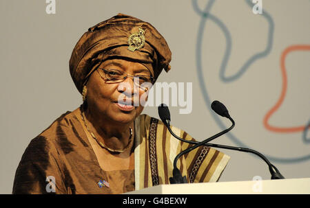 President of Liberia Ellen Johnson-Sirleaf speaks at the Global Alliance for Vaccines and Immunisation (GAVI) conference in London. Stock Photo