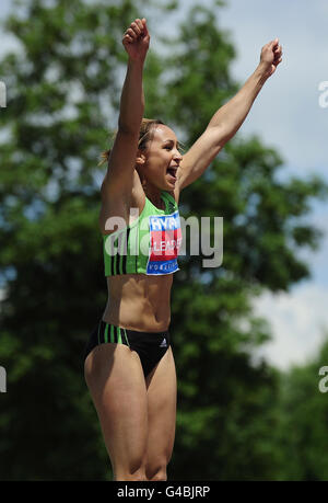 Great Britain's Jessica Ennis celebrates winning the high jump event of the Heptathlon during day one of the Hypo Meeting in Gotzis, Austria. Stock Photo