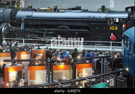 The Flying Scotsman in its wartime LNER black livery on display on the turntable at the National Railway Museum, York. Stock Photo