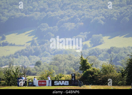 Golf - The Saab Wales Open 2011 - Round Two - The Celtic Manor Resort. Alexandre Kaleka tees off on the fourth hole Stock Photo